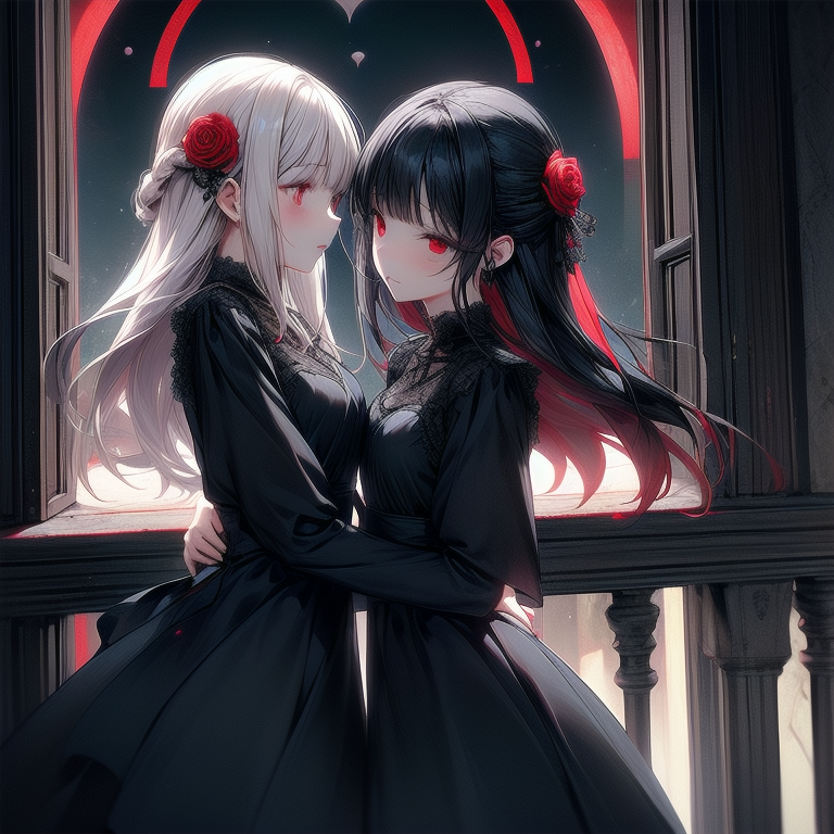 2girls, arm_around_waist, asymmetrical_docking, bad_arm, bangs, black_dress, black_hair, blunt_bangs