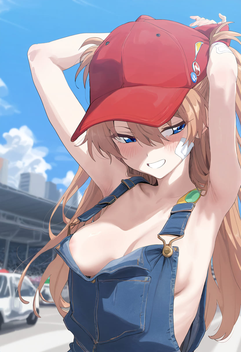 1girl, areola_slip, armpits, arms_behind_head, arms_up, artist_request, bad_hands, blue_eyes