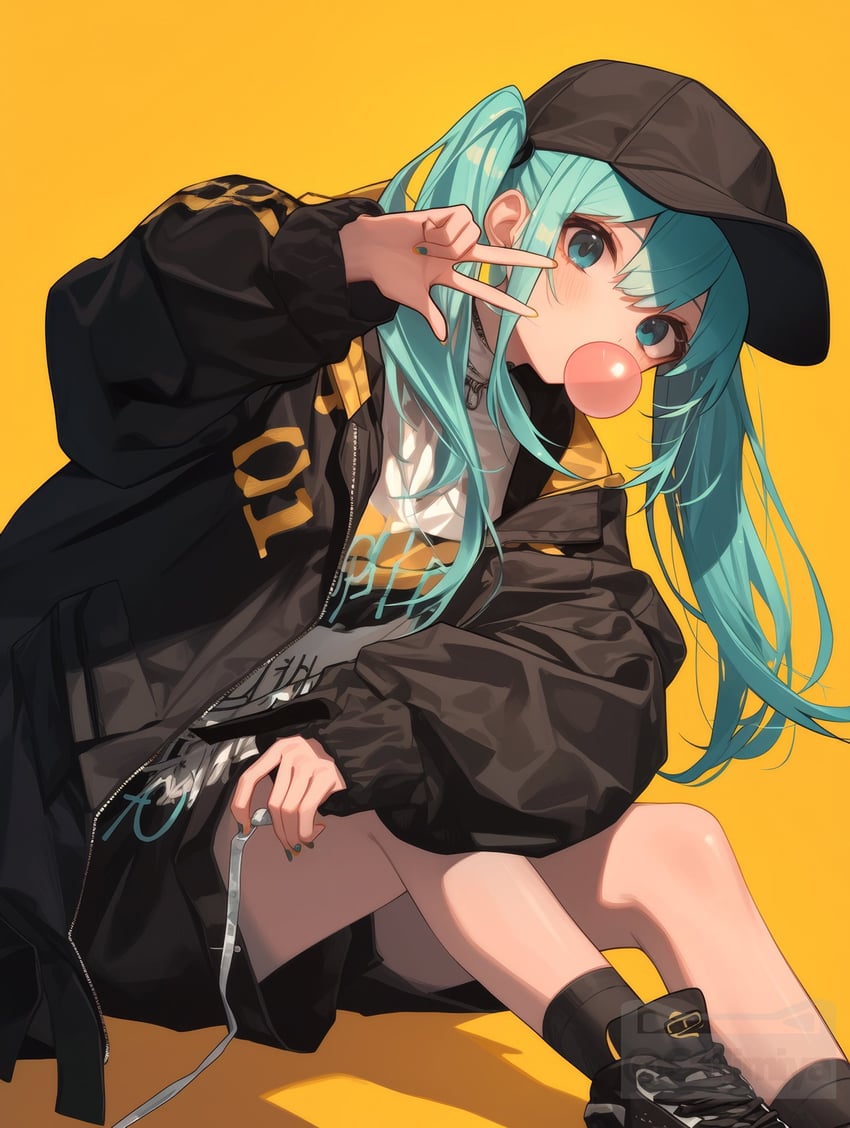 1girl, alternate_costume, aqua_eyes, aqua_hair, baseball_cap, black_footwear, black_headwear, black_jacket, black_shorts, black_socks, blush, bubble_blowing, callimiya, chewing_gum, commentary, english_commentary, fingernails, foot_out_of_frame, hair_between_eyes, hand_up, hat, hatsune_miku, highres, jacket, japanese_commentary, leaning, leaning_to_the_side, long_hair, long_sleeves, looking_at_viewer, mixed-language_commentary, model_request, open_clothes, open_jacket, puffy_long_sleeves, puffy_sleeves, shirt, shoes, shorts, simple_background, sitting, sneakers, socks, solo, twintails, unzipped, v, vocaloid, watermark, white_shirt, yellow_background, zipper