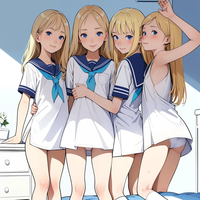 4girls, absurdres, arm_around_waist, arm_up, armpits, ass, bare_legs, bed