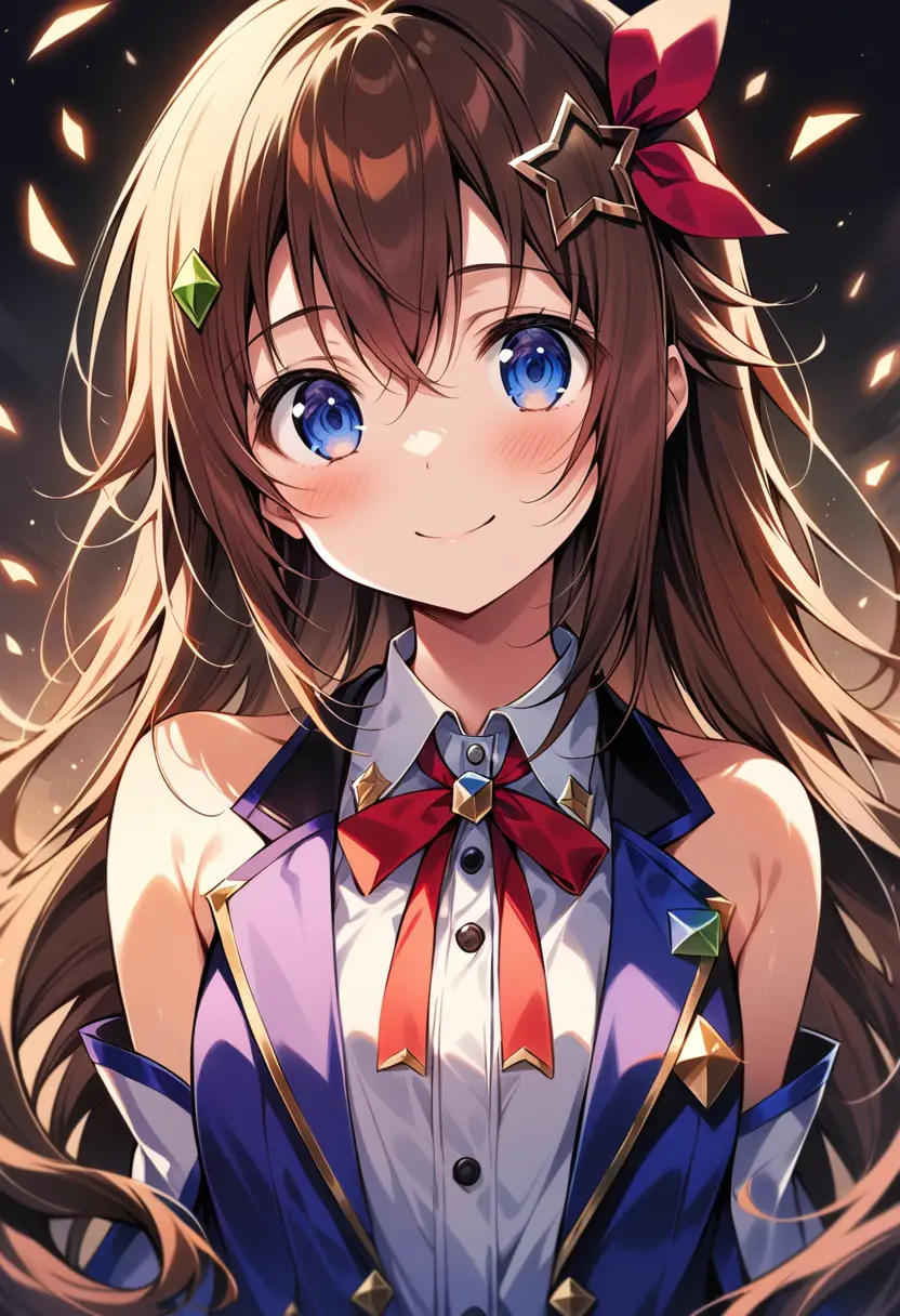 1girl, animaginexl, armpit_crease, bangs, bare_shoulders, blue_eyes, blush, brown_hair