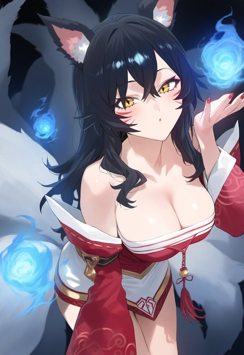 1girl, ahri_(league_of_legends), aiart_fring, animal_ear_fluff, animal_ears, bare_shoulders, black_hair, breasts