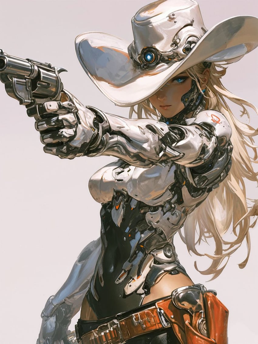 1girl, aiming, belt, belt_buckle, black_leotard, blonde_hair, blue_eyes, breasts