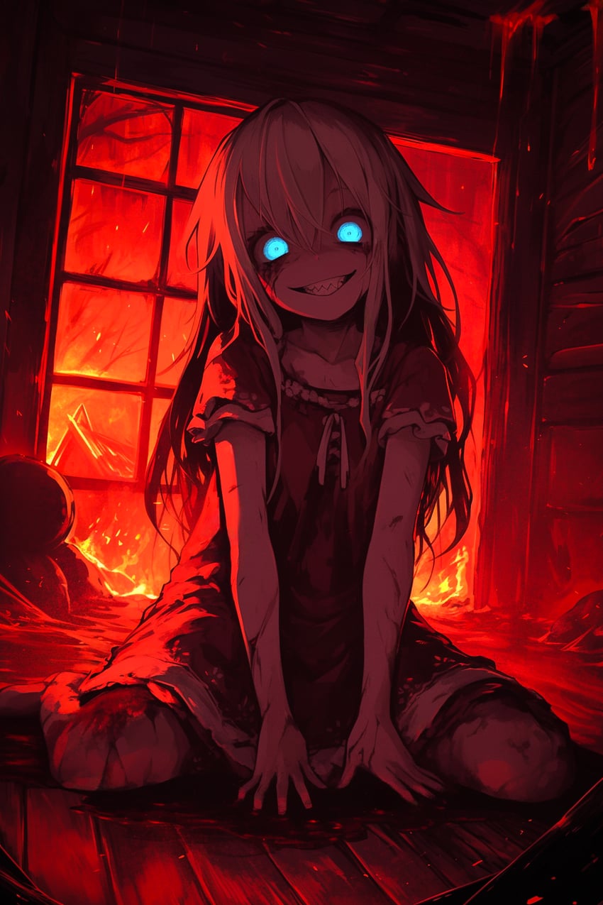 1girl, bangs, between_legs, blood, blood_on_arm, blood_on_clothes, blood_on_dress, blood_on_face, blood_on_hands, blood_on_leg, blue_eyes, burning, burning_building, child, collarbone, commentary, crazy_eyes, crazy_smile, dress, english_commentary, evil_grin, evil_smile, fire, glowing, glowing_eyes, grin, hair_between_eyes, hand_between_legs, horror_(theme), indoors, injury, leist0, long_hair, looking_at_viewer, messy_hair, nijijourney, on_floor, original, red_theme, short_sleeves, sitting, smile, solo, teeth, torn_clothes, wariza, window