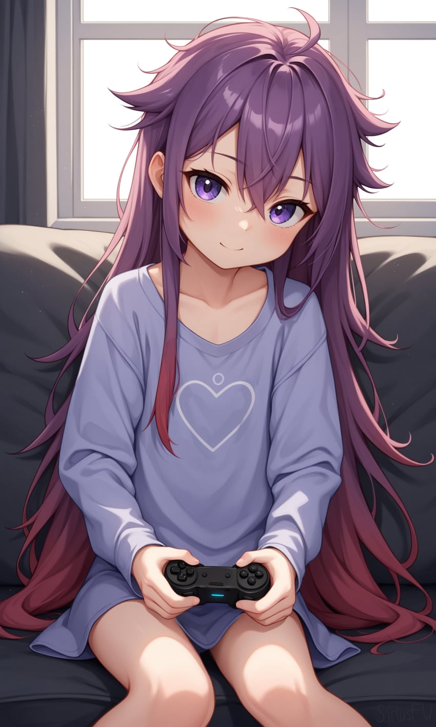 1girl, absurdres, ahoge, artist_name, autismmix, bangs, bare_legs, barefoot