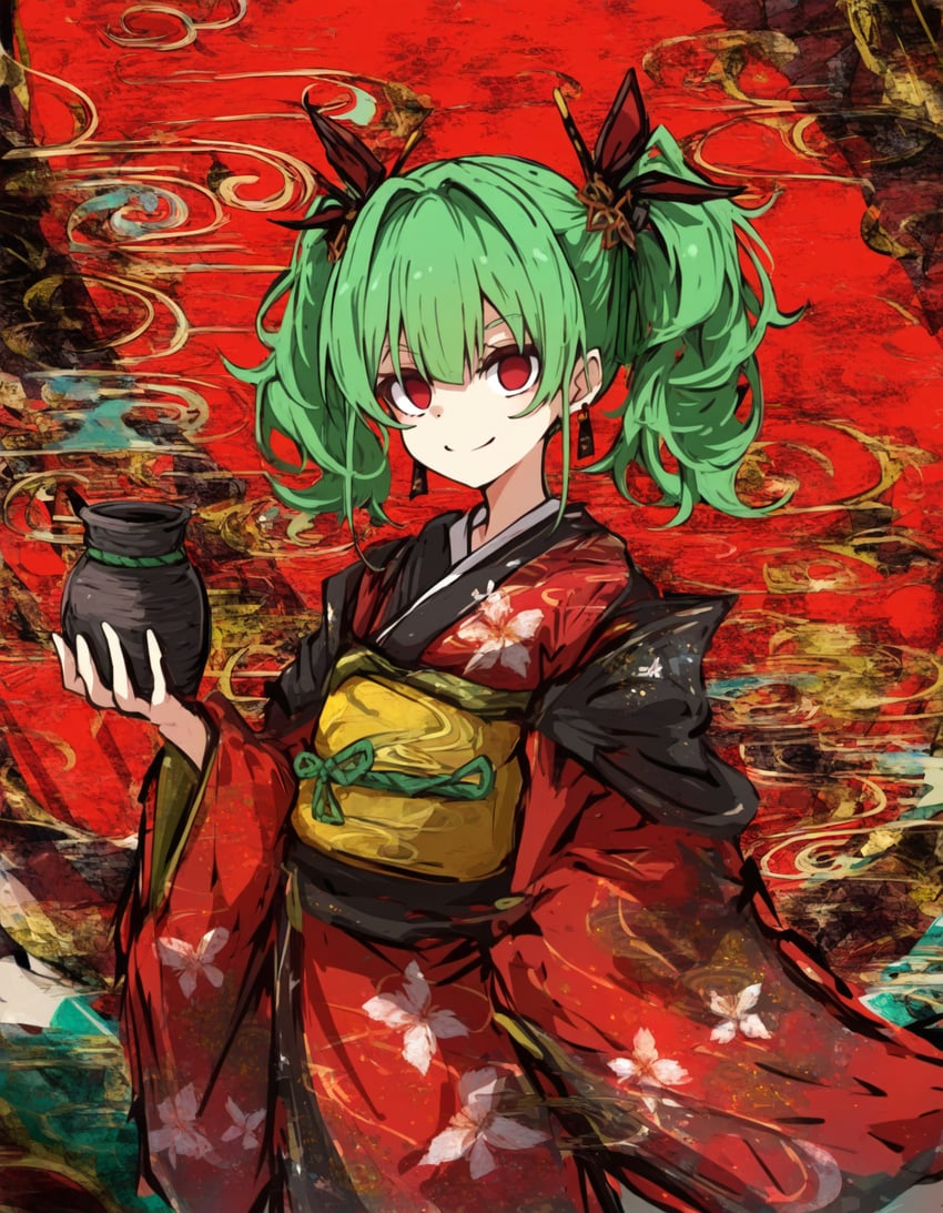 1girl, abstract_background, bangs, butterfly_hair_ornament, closed_mouth, cowboy_shot, earrings, empty_eyes, floral_print, floral_print_kimono, green_hair, hair_between_eyes, hair_intakes, hair_ornament, hair_ribbon, hand_up, highres, holding, inpainted, japanese_clothes, jewelry, kether, kimono, long_sleeves, looking_at_viewer, medium_hair, non-web_source, novelai, obi, original, print_kimono, red_background, red_eyes, red_kimono, resized, ribbon, sash, self-upload, short_twintails, smile, solo, standing, storage_pot, twintails, upscaled, wide_sleeves, yellow_sash, yukata