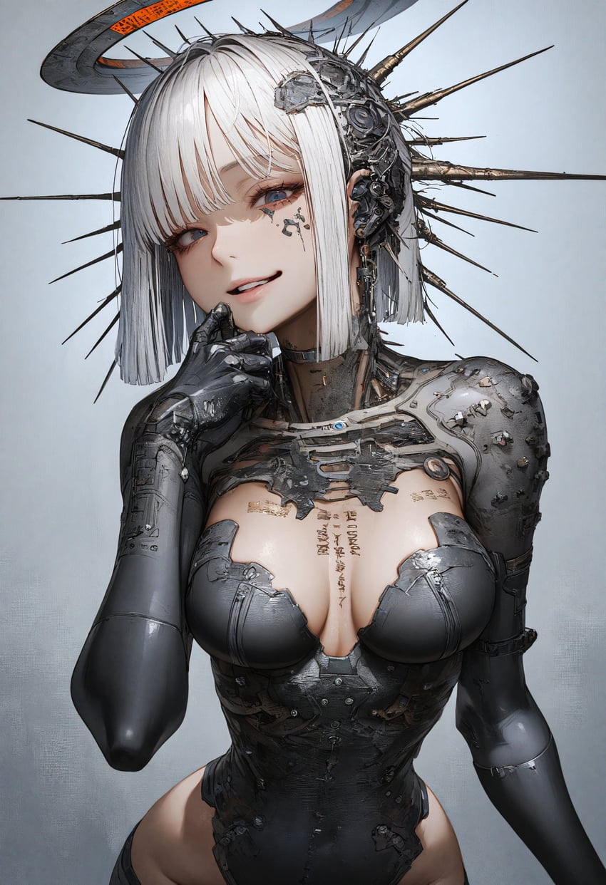 1girl, :d, absurdres, android, arm_at_side, bangs, black_leotard, blue_eyes