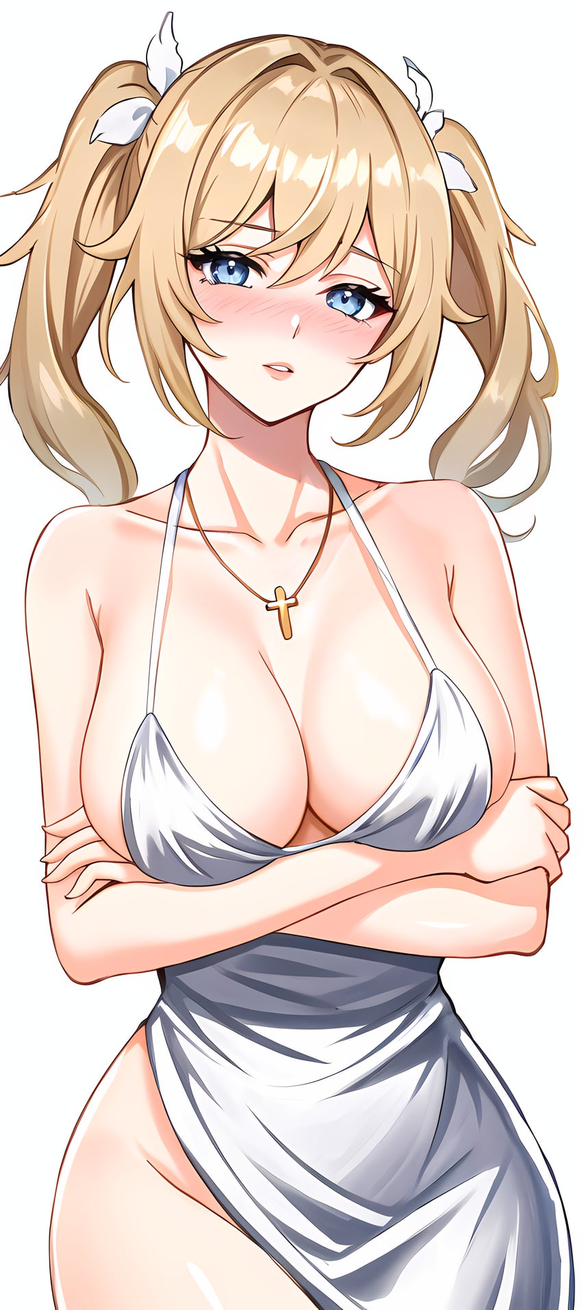 1girl, absurdres, barbara_(genshin_impact), bare_arms, bare_shoulders, blonde_hair, blue_eyes, blush
