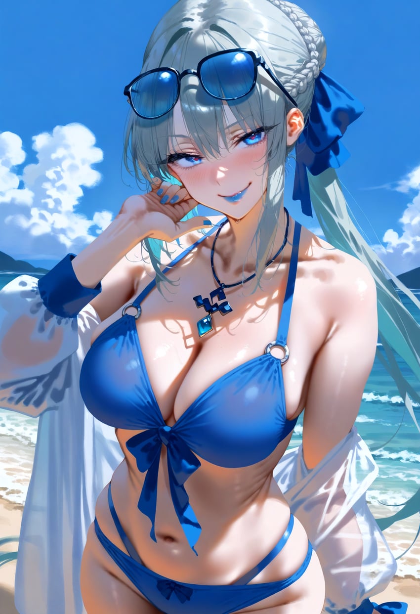 1girl, bangs, bare_shoulders, beach, bikini, blue_bikini, blue_eyes, blue_lips