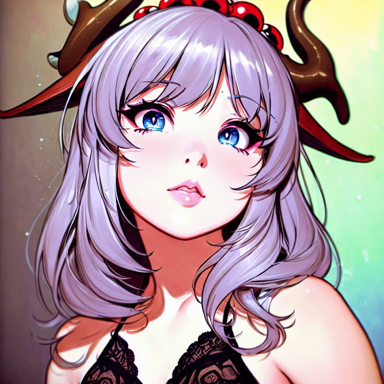1girl, animal_ears, antlers, artist_request, bangs, bare_shoulders, black_bra, blue_eyes