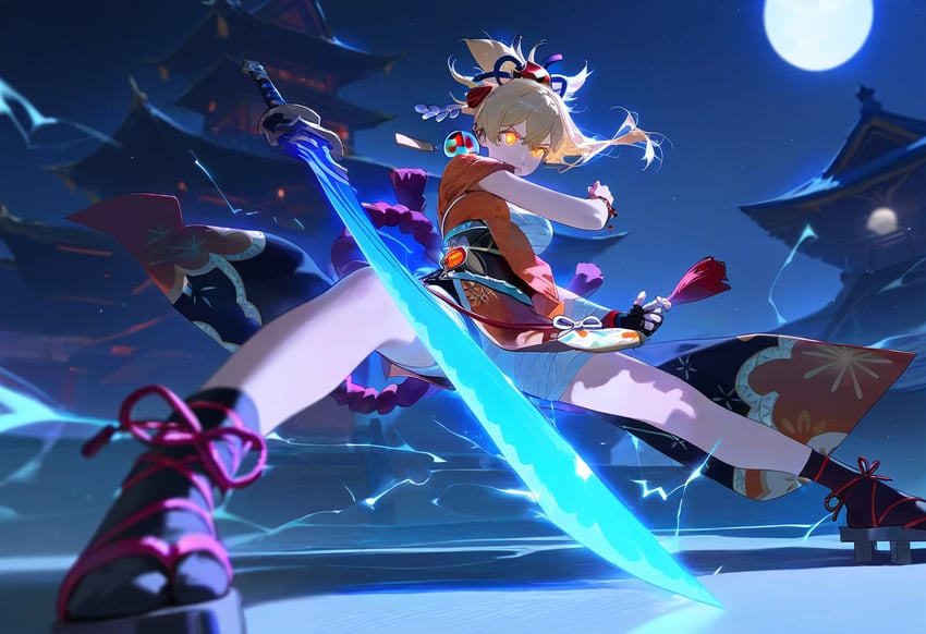 1girl, architecture, aura, bandaged_arm, bandages, bangs, black_socks, blonde_hair