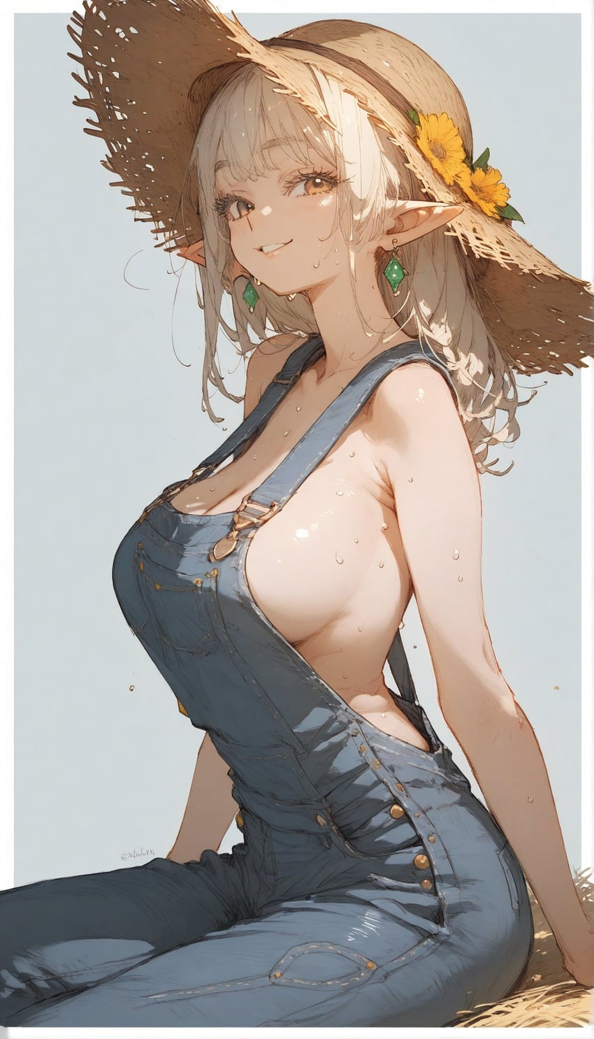 1girl, :d, armpit_crease, arms_at_sides, bangs, bare_shoulders, blunt_bangs, border