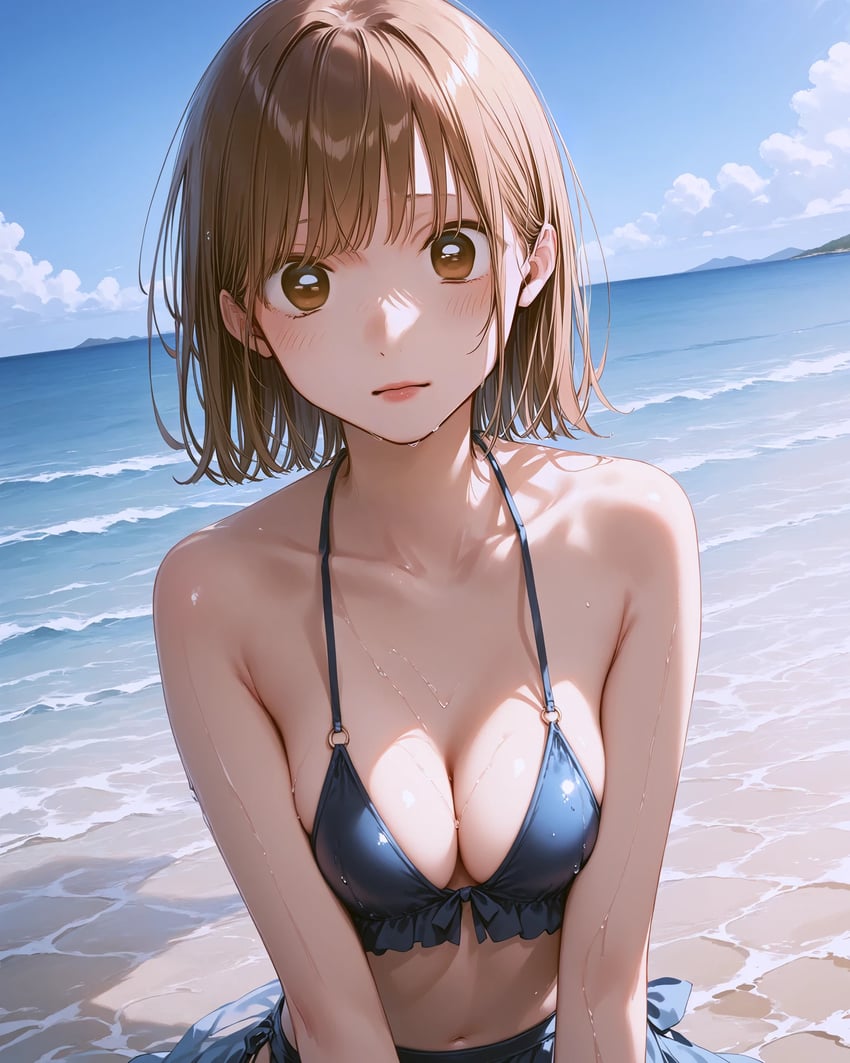 1girl, ao_no_hako_(wsj), armpit_crease, bangs, bare_shoulders, beach, bikini, blue_bikini, blue_sky, breasts, breasts_squeezed_together, brown_eyes, brown_hair, cleavage, closed_mouth, cloud, collarbone, day, frilled_bikini, frills, halterneck, highres, horizon, kano_chinatsu, light_blush, lips, looking_at_viewer, model_request, navel, ocean, outdoors, sand, short_hair, sky, solo, swimsuit, tll, water, waves, wet