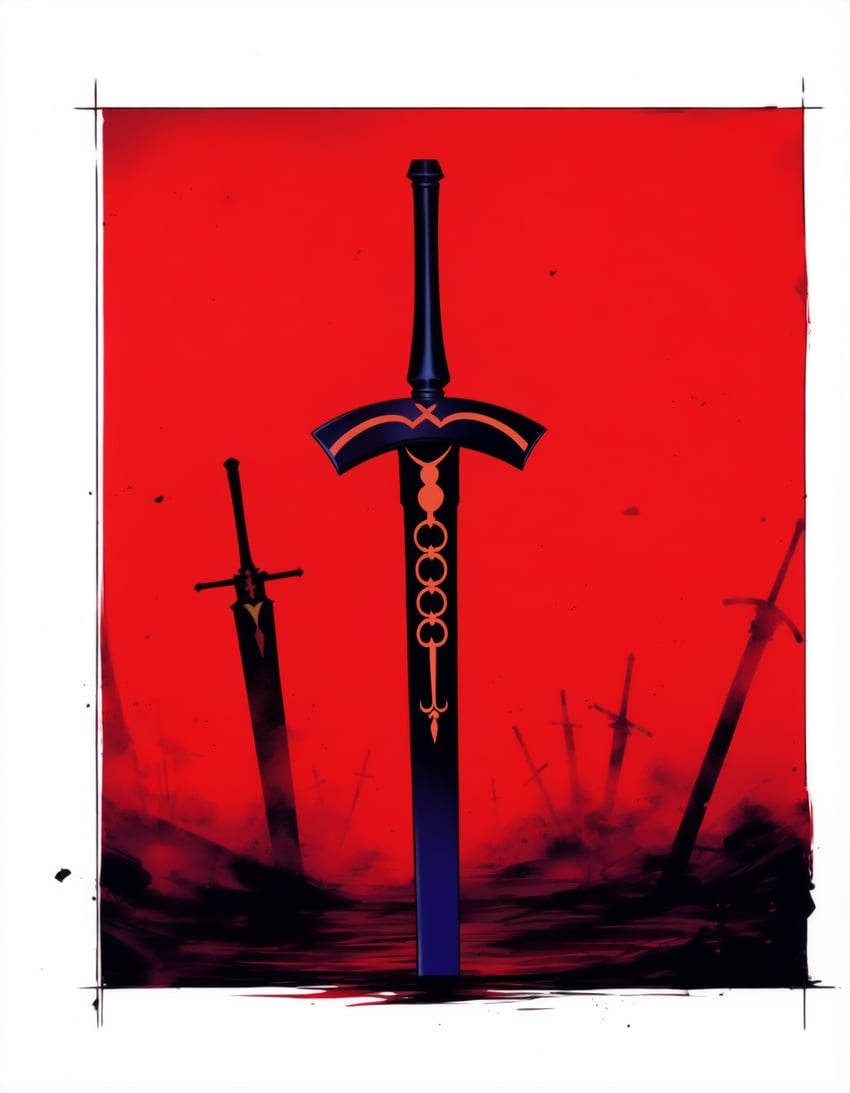border, excalibur_morgan_(fate), fate/grand_order, fate/stay_night, fate_(series), field_of_blades, highres, inpainted, kether, multiple_swords, multiple_weapons, no_humans, non-web_source, novelai, outdoors, planted, planted_sword, red_sky, red_theme, resized, self-upload, sky, sword, upscaled, weapon, weapon_focus, white_border