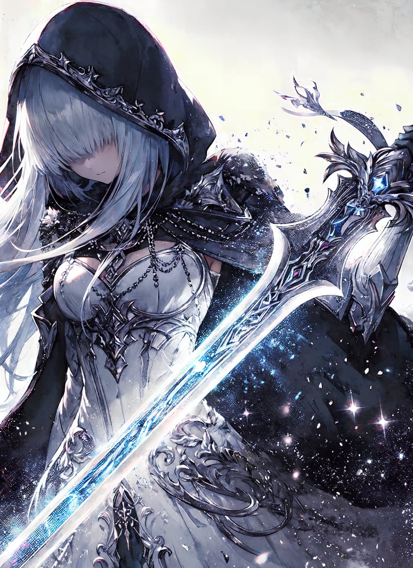 1girl, absurdres, armor, armored_dress, bangs, black_cape, black_cloak, blunt_bangs