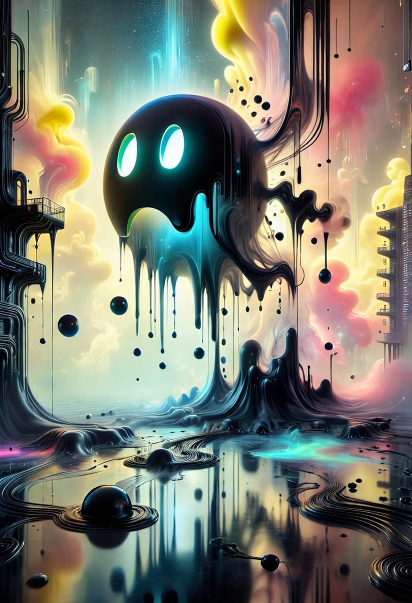 black_liquid, building, cinnadust, city, cloud, creature, dripping, faetasticsdxl, fantasy, floating, fog, ghost, ghost(pac-man), giant, glowing, glowing_eyes, highres, ink, liquid, melting, no_humans, pac-man, reflection, scenery, sky, slime_(substance), smoke, solo, surreal, water, water_drop