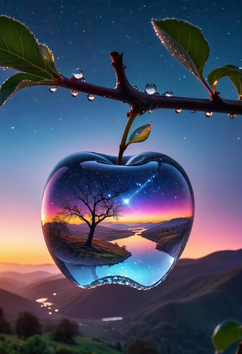 apple, backlighting, blue_sky, blurry, blurry_background, branch, cinnadust, depth_of_field, evening, fantasy, food, forest, fruit, gradient, gradient_background, gradient_sky, highres, hill, horizon, lake, landscape, leaf, model_request, mountain, mountainous_horizon, nature, night, night_sky, no_humans, original, outdoors, plant, reflection, scenery, shiny, sky, star_(sky), starry_sky, still_life, sunrise, sunset, surreal, transparent, tree, twilight, water, water_drop