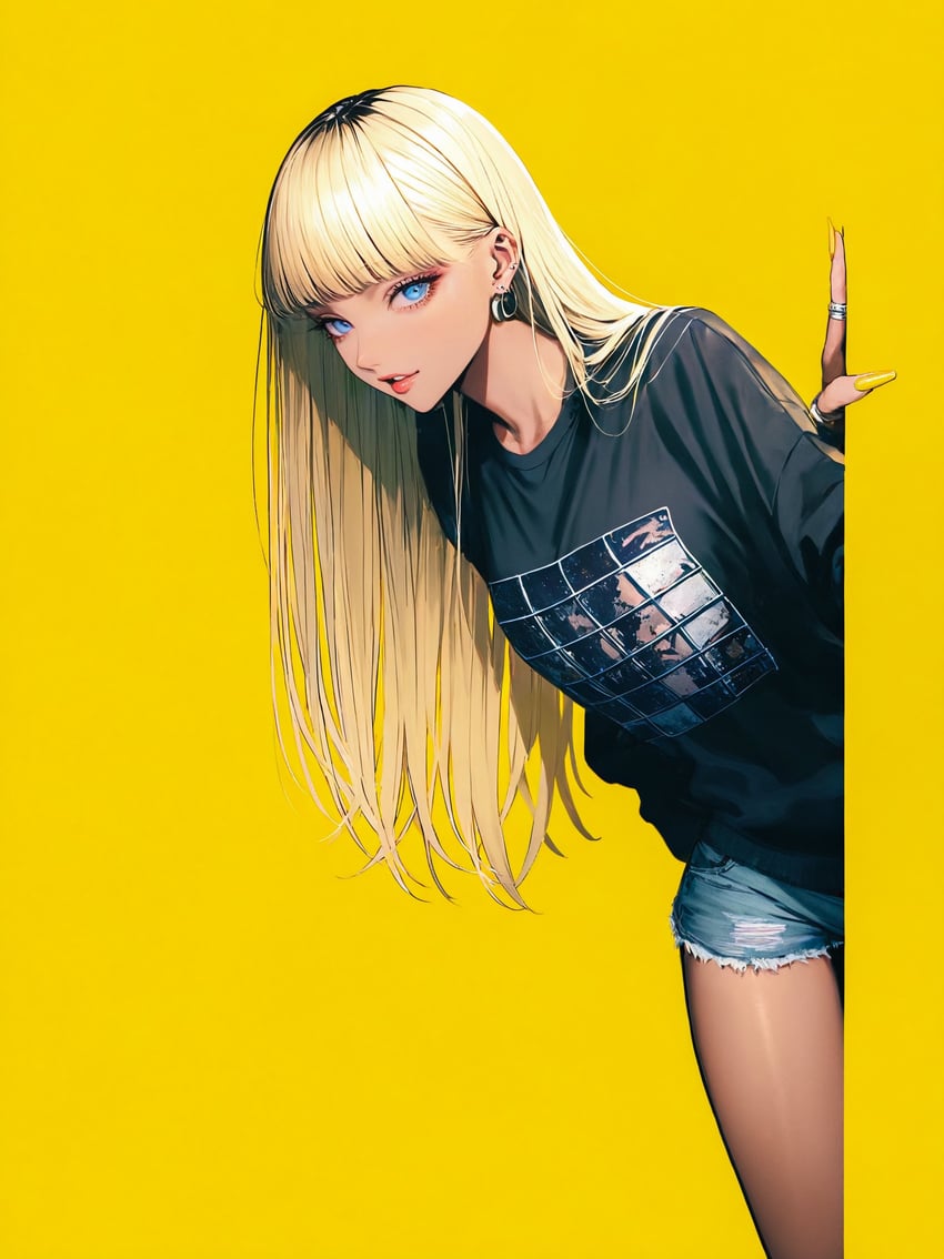 1girl, absurdres, aqua_eyes, arm_behind_back, bangs, black_shirt, blonde_hair, blue_shorts