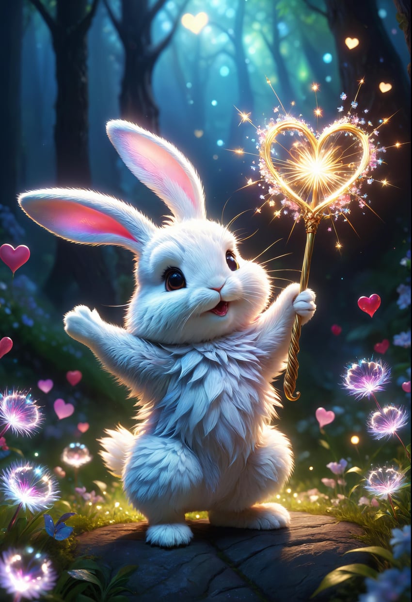 absurdres, animal, animal_ears, animal_focus, arm_up, arms_up, black_eyes, blurry, blurry_background, brown_eyes, depth_of_field, faetasticsdxl, flower, forest, full_body, glowing, grass, happy, heart, highres, holding, holding_staff, holding_wand, leaf, light_particles, looking_at_viewer, lora, magic, nature, night, no_humans, open_mouth, original, outdoors, pinkielicious, plant, rabbit, rabbit_ears, rabbit_tail, rock, smile, solo, sparkle, staff, standing, surreal, tail, tree, wand, white_fur