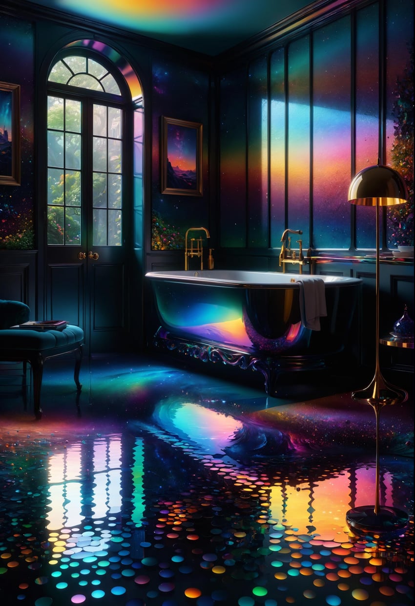 absurdres, bathtub, chair, colorful, faetasticsdxl, faucet, gradient, highres