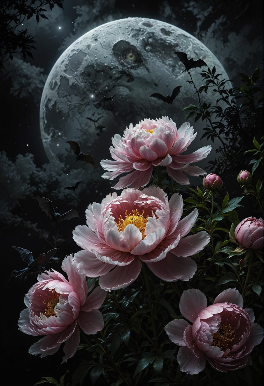 absurdres, animal, bat_(animal), bat_wings, cloud, cloudy_sky, flower, forrealxl, full_moon, highres, landscape, leaf, lora, moon, nature, night, night_sky, no_humans, original, outdoors, peony_(flower), petals, photorealistic, pink_flower, pinkielicious, realistic, scenery, sky, star_(sky), starry_sky, still_life, tree, wings