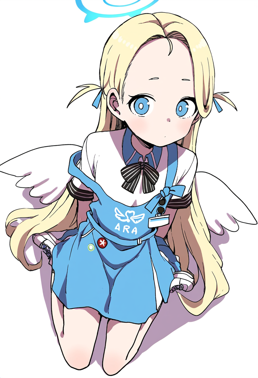 1girl, angel's_24_uniform_(blue_archive), angel_wings, apron, arm_support, arms_behind_back, badge, bangs