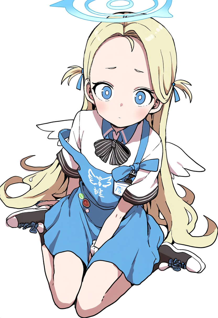 1girl, angel's_24_uniform_(blue_archive), angel_wings, apron, arm_behind_back, arm_support, badge, bangs