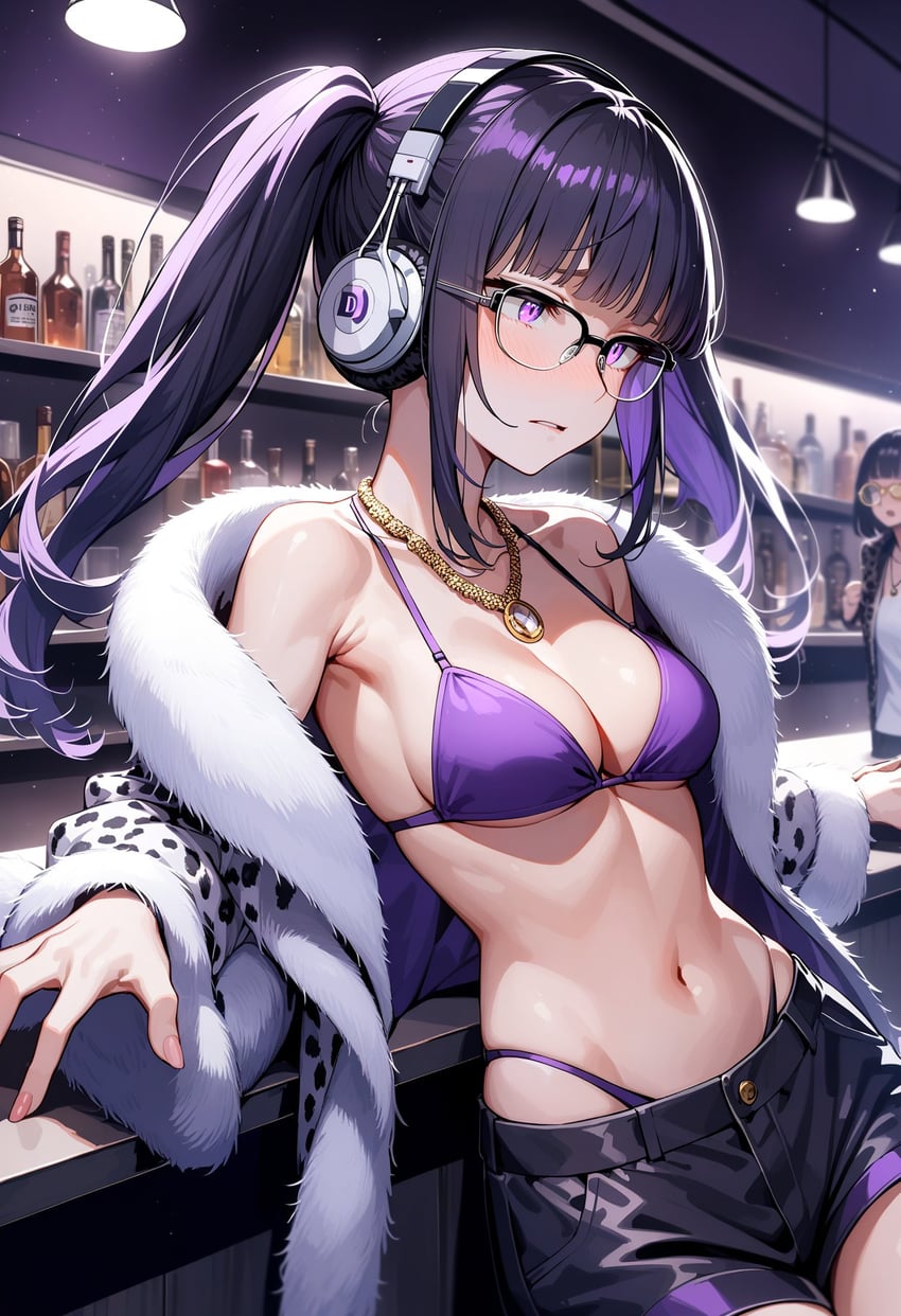 1girl, alcohol, animal_print, armpit_crease, bar_(place), bare_shoulders, bikini, bikini_under_clothes