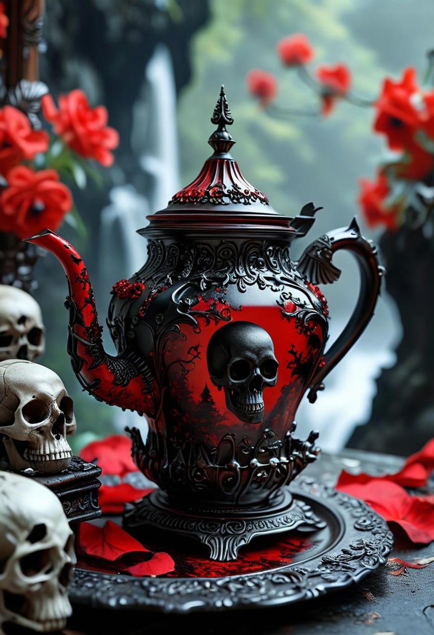 blurry, blurry_background, bone, day, depth_of_field, fantasy, flower, highres, juggernaut_xl, nature, no_humans, original, outdoors, petals, plant, red_flower, regiiina, scenery, skeleton, skull, still_life, teapot, water