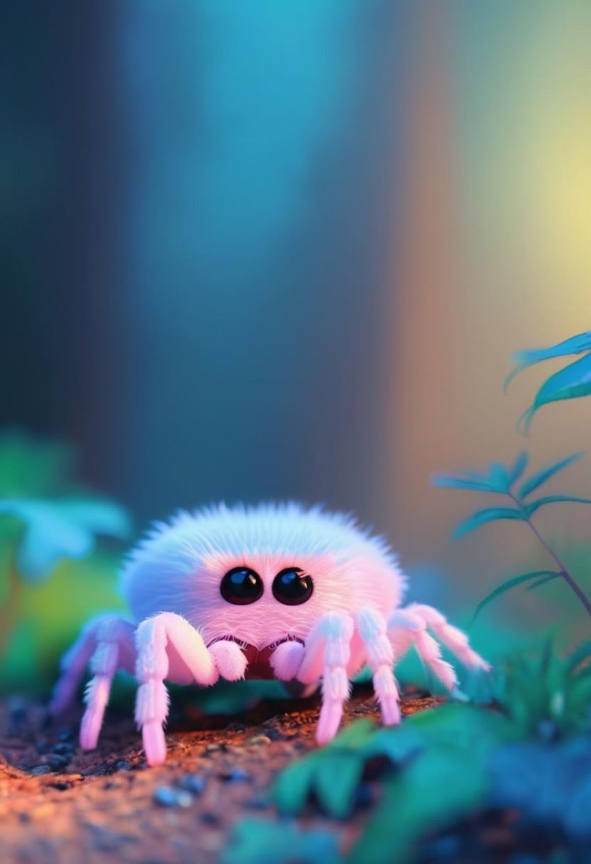 animal, animal_focus, black_eyes, blurry, blurry_background, blurry_foreground, bug, claws, creature, creature_focus, day, depth_of_field, full_body, grass, highres, leaf, looking_at_viewer, nature, no_humans, original, outdoors, pink_fur, plant, regiiina, simple_background, solid_circle_eyes, solo, spider, stable_diffusion_xl, sunlight