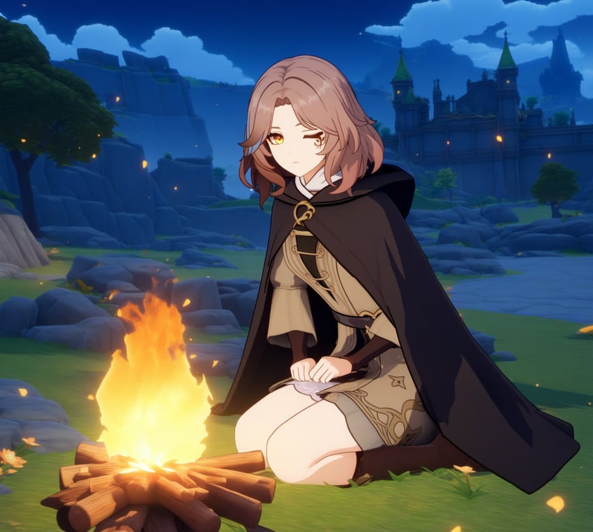 1girl, 3d, bangs, black_cloak, bonfire, boots, brown_dress, brown_footwear