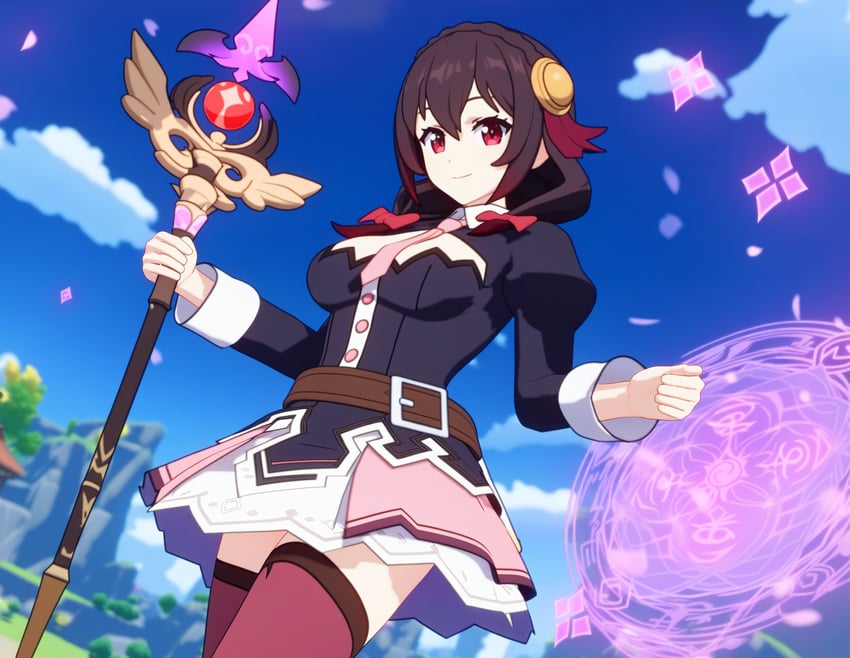 1girl, 3d, bangs, belt, between_breasts, black_shirt, blue_sky, blurry, blurry_background, bow, braid, breasts, brown_belt, brown_hair, buttons, cel_shading, cleavage_cutout, closed_mouth, clothing_cutout, cloud, cowboy_shot, crown_braid, day, depth_of_field, dress, dutch_angle, eyelashes, genshin_impact, genshin_impact_(style), hair_between_eyes, hair_bow, hair_ornament, highres, holding, holding_staff, inpainted, juliet_sleeves, kether, kono_subarashii_sekai_ni_shukufuku_wo!, long_sleeves, looking_at_viewer, magic, magic_circle, medium_breasts, medium_hair, mountain, necktie, necktie_between_breasts, non-web_source, novelai, outdoors, pink_necktie, pink_skirt, planet, puffy_sleeves, red_bow, red_eyes, red_thighhighs, resized, ribbon, self-upload, shirt, skirt, sky, smile, solo, staff, standing, thighhighs, upscaled, white_wrist_cuffs, wing_collar, wrist_cuffs, yunyun_(konosuba), zettai_ryouiki