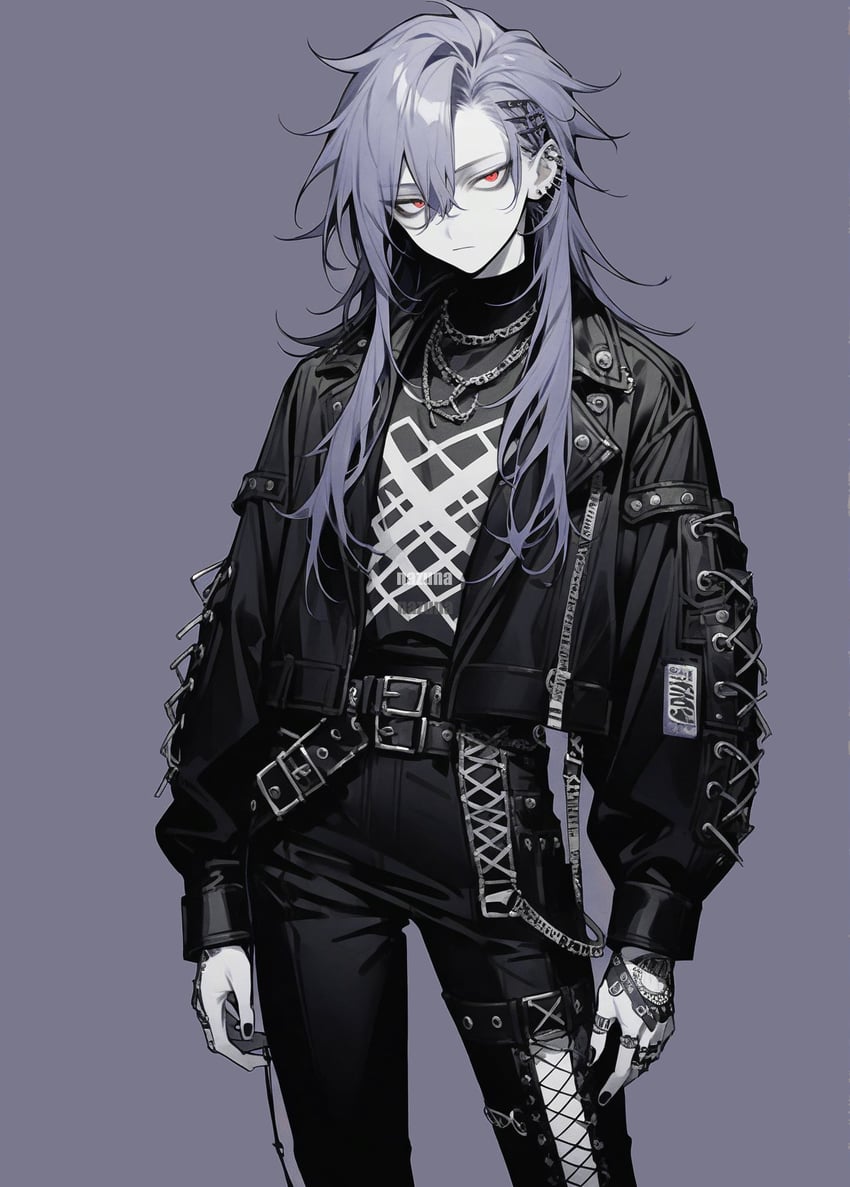1boy, belt, bishounen, black_belt, black_jacket, black_nails, black_pants, black_shirt, buckle, chain, chain_necklace, closed_mouth, contrapposto, cowboy_shot, cropped_legs, cross-laced_clothes, ear_piercing, earrings, expressionless, fingernails, grey_background, hair_between_eyes, hair_ornament, hairclip, jacket, jewelry, leather, leather_jacket, long_hair, long_sleeves, looking_at_viewer, male_focus, model_request, multiple_rings, nail_polish, necklace, open_clothes, open_jacket, original, p_ai_nori, pale_skin, pants, piercing, purple_hair, red_eyes, ring, shirt, simple_background, solo, standing, straight-on, turtleneck