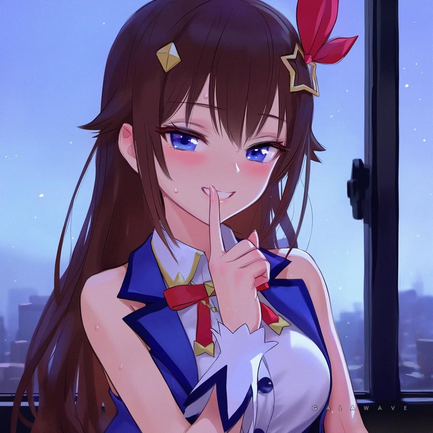 1girl, artist_name, bangs, blue_eyes, blue_vest, blush, breasts, brown_hair, commentary, english_commentary, finger_to_mouth, galawave, hair_flaps, hair_ornament, hair_ribbon, hairclip, highres, hololive, index_finger_raised, japanese_commentary, long_hair, looking_at_viewer, mixed-language_commentary, model_request, neck_ribbon, red_ribbon, ribbon, self-upload, shirt, shushing, sleeveless, sleeveless_shirt, smile, solo, star_(symbol), star_hair_ornament, tokino_sora, tokino_sora_(1st_costume), upper_body, vest, virtual_youtuber, watermark, white_shirt, wrist_cuffs