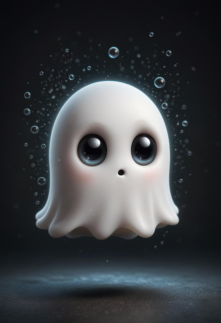 1other, :o, absurdres, air_bubble, black_background, black_eyes, blush, bubble, creature, creature_focus, dark_background, dreamck, floating, forrealxl, full_body, ghost, ghost_costume, halloween, highres, horror_(theme), looking_at_viewer, lora, monster, no_humans, original, reflection, shadow, simple_background, solo, water_drop