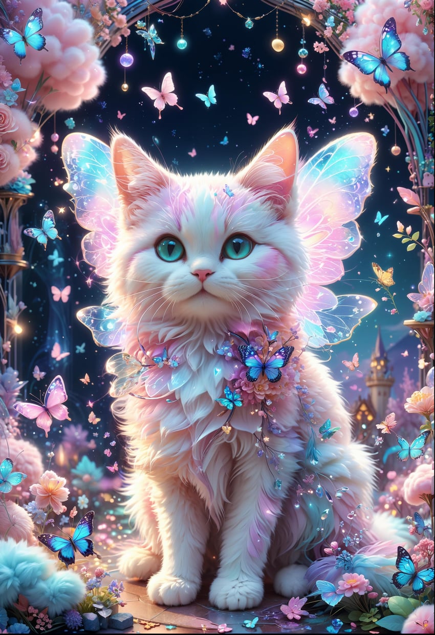 :3, absurdres, animal, animal_ears, animal_focus, aqua_eyes, blue_butterfly, blurry