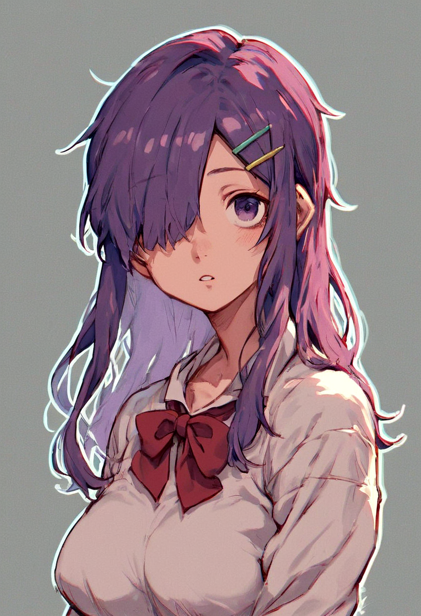 1girl, asymmetrical_bangs, backlighting, bangs, blush, bow, bowtie, breasts