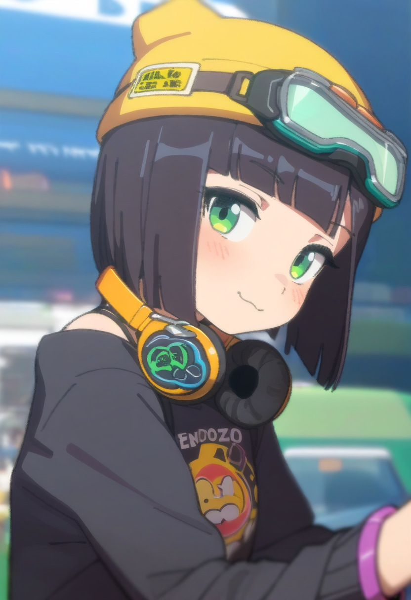1girl, :3, bangs, beanie, black_hair, blunt_bangs, blurry, blurry_background, blush, bob_cut, chinese_commentary, closed_mouth, clothes_writing, day, depth_of_field, goggles, goggles_on_head, goggles_on_headwear, green_eyes, hat, headphones, headphones_around_neck, long_sleeves, looking_at_viewer, novelai, outdoors, shirt, short_hair, smile, snow_r_seed, solo, susie_(zenless_zone_zero), sweater, upper_body, yellow_headwear, zenless_zone_zero