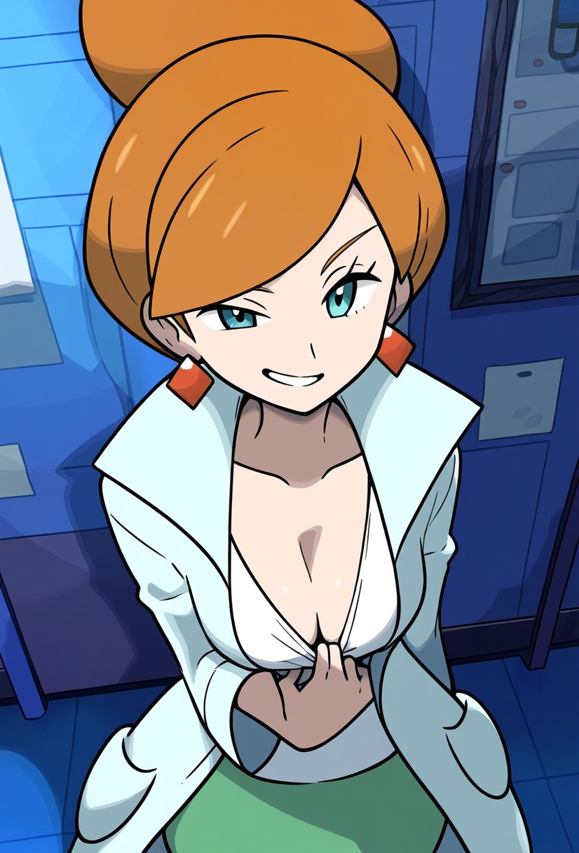 1girl, aurea_juniper, bangs, blue_eyes, breasts, brown_hair, cleavage, clothes_pull, coat, collarbone, drawfag, earrings, green_skirt, grin, hair_bun, indoors, jewelry, labcoat, large_breasts, looking_at_viewer, model_request, non-web_source, pokemon, pokemon_(game), pulling_own_clothes, shirt, shirt_pull, single_hair_bun, skirt, smile, solo, sugimori_ken_(style), teeth, white_shirt