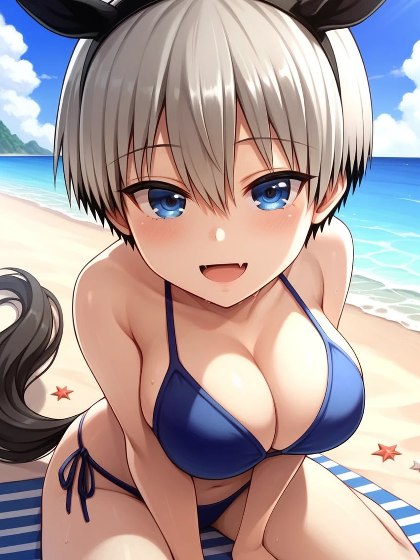 1girl, :d, animal_ears, bangs, bare_arms, bare_shoulders, beach, beach_towel, between_legs, bikini, blue_bikini, blue_eyes, blue_sky, blush, breasts, cleavage, cloud, collarbone, day, eyebrows_visible_through_hair, fake_animal_ears, fake_tail, fang, grey_hair, hair_between_eyes, hairband, halterneck, hand_between_legs, horizon, horse_ear_hairband, horse_ears, horse_tail, large_breasts, looking_at_viewer, merry_saaan, model_request, navel, ocean, open_mouth, outdoors, sand, short_hair, side-tie_bikini_bottom, sitting, skin_fang, sky, smile, solo, starfish, string_bikini, swimsuit, tail, towel, uzaki-chan_wa_asobitai!, uzaki_hana, water, wet