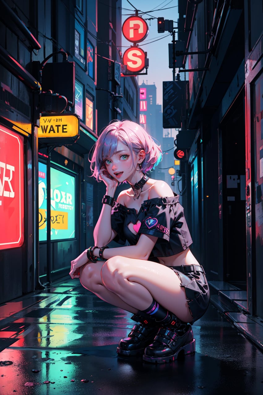 1girl, absurdres, ai_aidia, alley, bangs, bare_shoulders, belt, black_choker