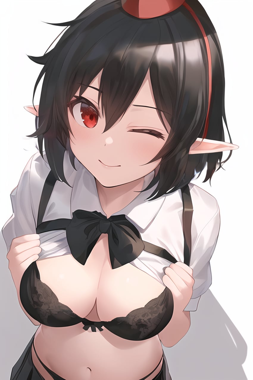 1girl, absurdres, black_bow, black_bowtie, black_hair, black_skirt, bow, bowtie