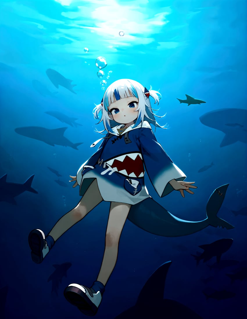 1girl, absurdres, air_bubble, alternative_img2img_model, animaginexl, animal_hood, bangs, blob_(artist)