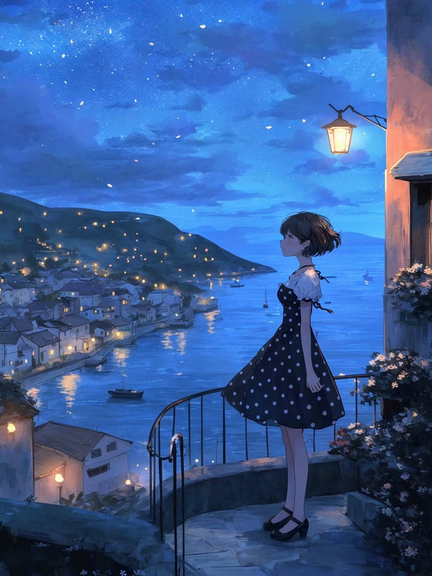 1girl, black_dress, black_footwear, black_hair, boat, closed_mouth, cloud, dress, from_side, highres, lantern, legs, looking_away, model_request, mountain, night, night_sky, ocean, original, outdoors, polka_dot, polka_dot_dress, puffy_short_sleeves, puffy_sleeves, railing, scenery, shoes, short_hair, short_sleeves, sky, solo, standing, tabihapanorama, town, water, watercraft