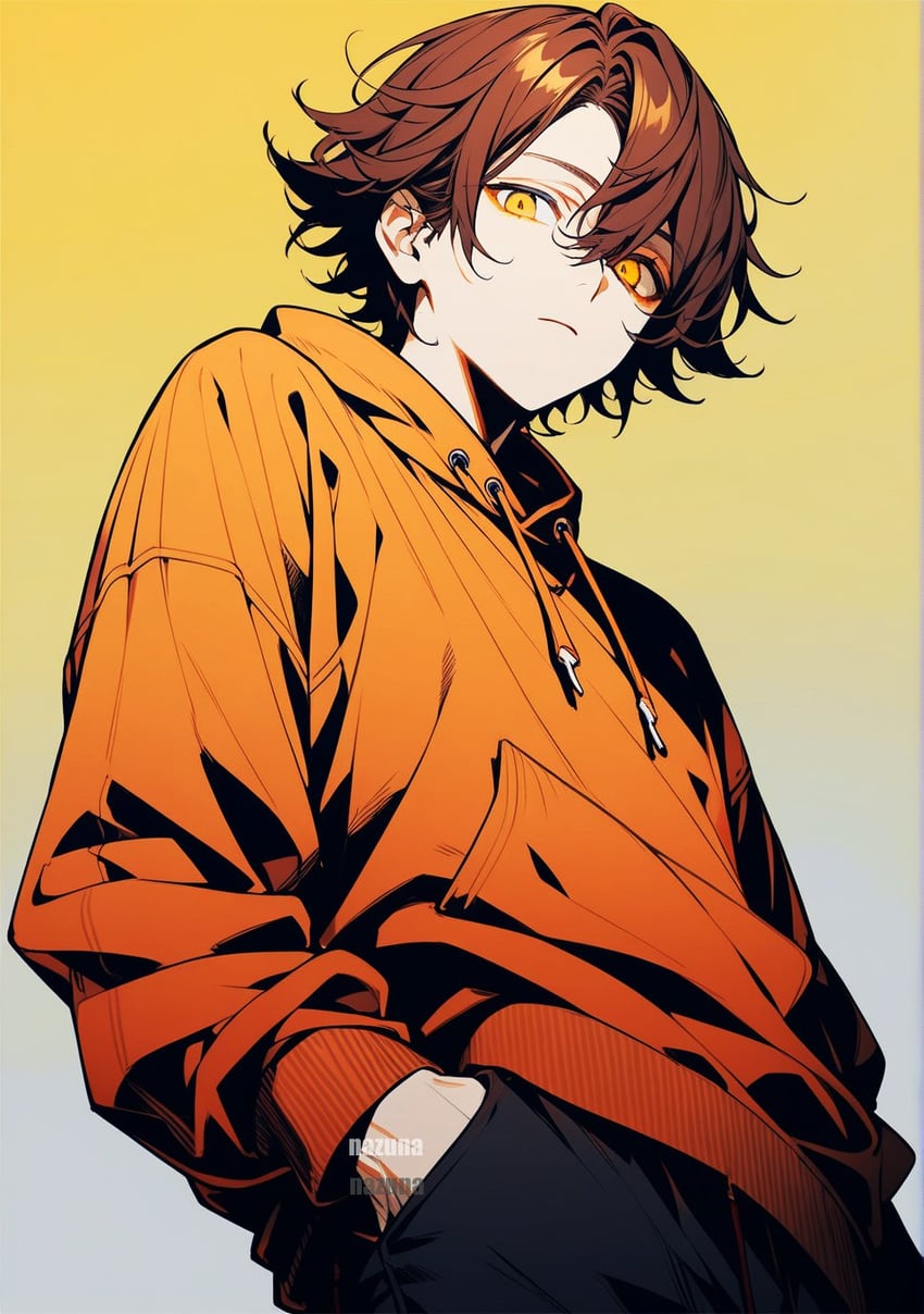 1boy, bangs, black_pants, bright_pupils, brown_hair, closed_mouth, commentary, cowboy_shot