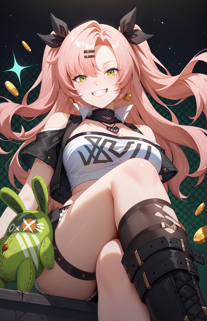 1girl, absurdres, bad_id, bad_pixiv_id, bangs, bare_shoulders, black_jacket, boots