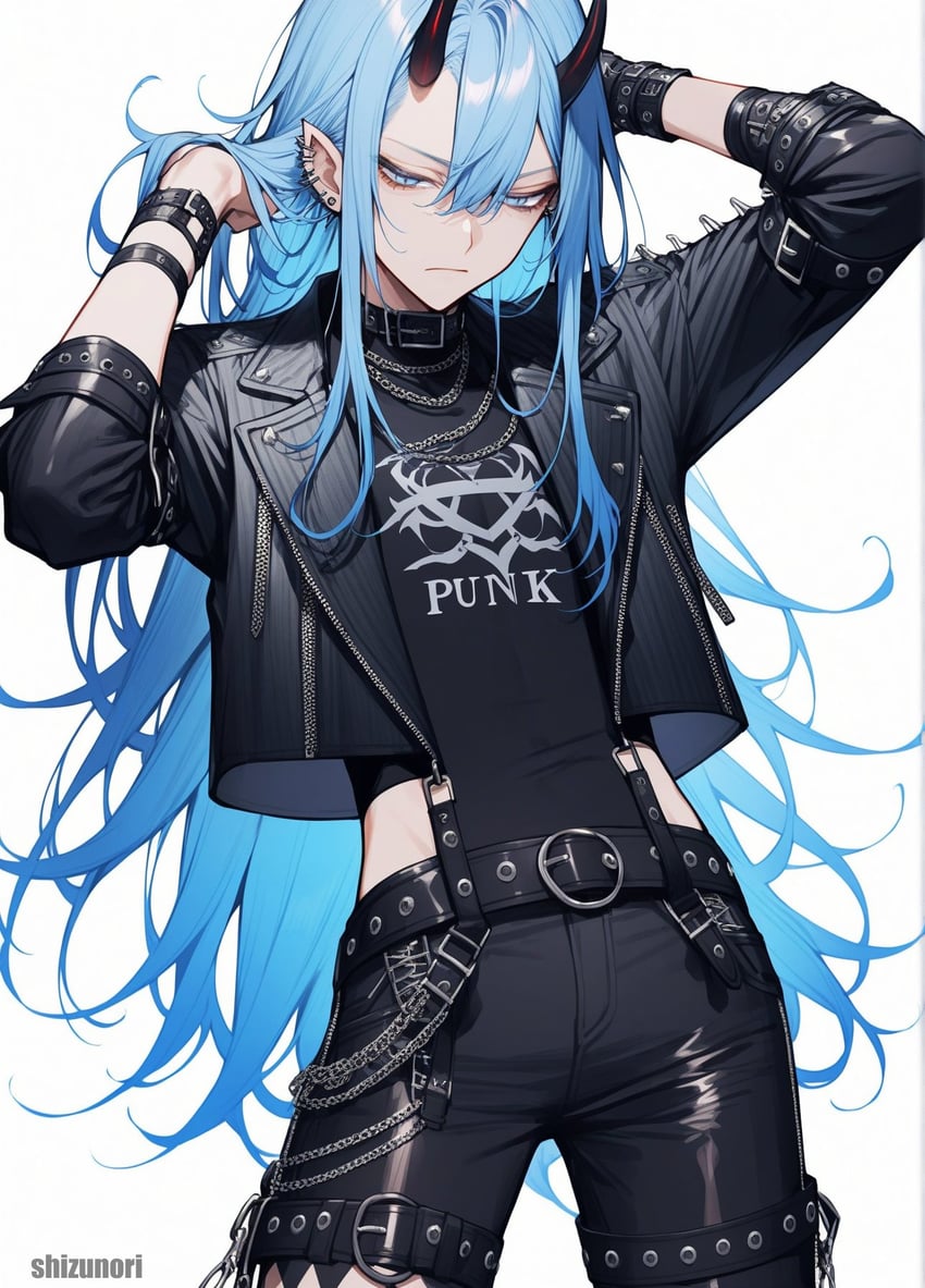 1boy, androgynous, arms_up, bangs, belt, belt_buckle, black_belt, black_jacket