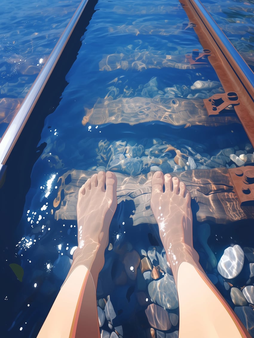 1other, absurdres, aibanousagi, ambiguous_gender, bare_legs, barefoot, blurry, caustics, depth_of_field, feet, foreshortening, from_above, highres, model_request, original, other_focus, out_of_frame, outdoors, partially_submerged, pebble, pov, railroad_tracks, reflection, reflective_water, ripples, rock, solo, sunlight, toes, water