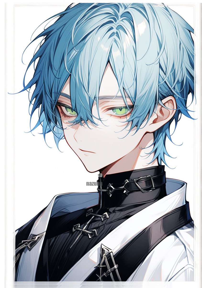 1boy, :|, bangs, bishounen, black_shirt, blue_hair, border, buckle