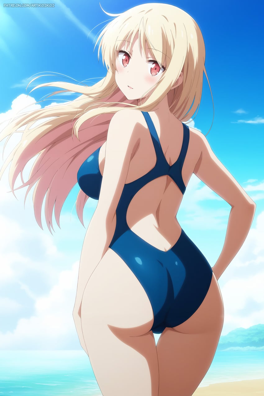 1girl, absurdres, artkoikoi, ass, back, back_cutout, beach, blonde_hair
